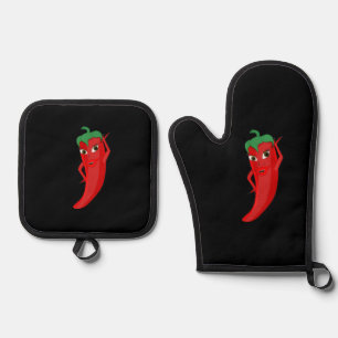 Hot Pepper Diva Drawing Custom Black Oven Mitt & Pot Holder Set