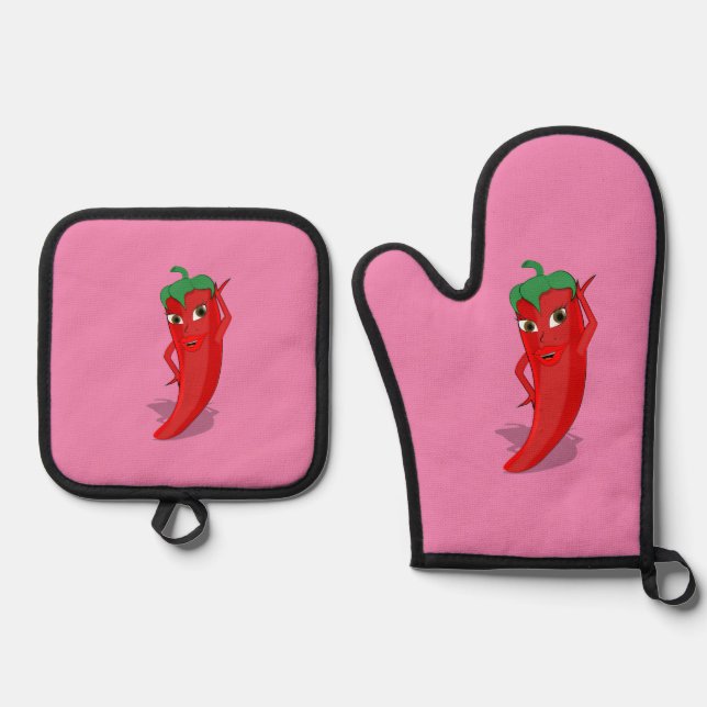 Hot Pepper Diva Drawing Custom Pink Oven Mitt & Pot Holder Set (Front)