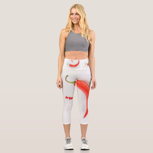 Hot pepper Hearts white red  Capri Leggings (Front)