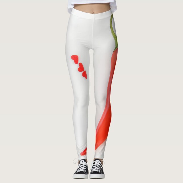 Hot pepper Hearts white red  Leggings (Front)