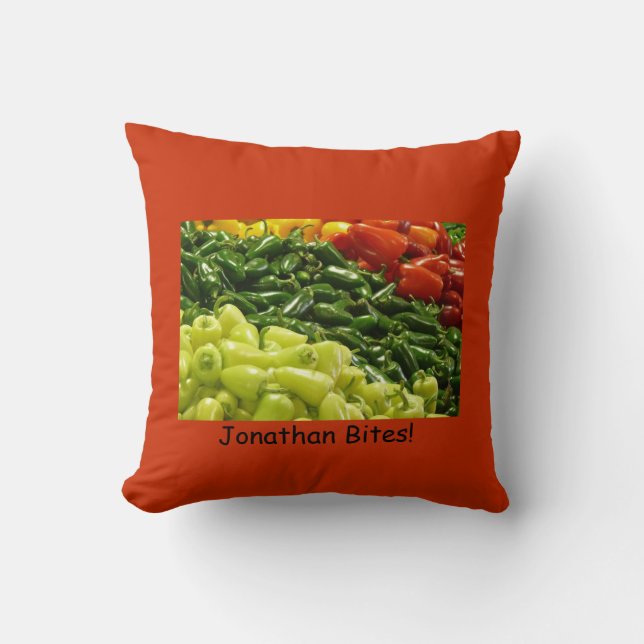 Hot Pepper Personalized Name Bites Orange Square Cushion (Front)