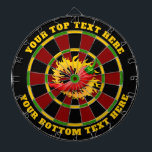 Hot Pepper with Flame Dartboard<br><div class="desc">Dark red, black, green and yellow dartboard design. Each colour is customisable. Hot pepper in flame circle. Two custom text areas on outer ring.</div>