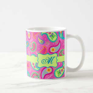 Hot Pin Fuchsia Modern Paisley Pattern Monogram Coffee Mug