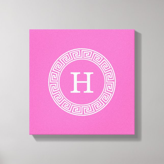 Hot Pink2 Wht Greek Key Rnd Frame Initial Monogram Canvas Print (Front)