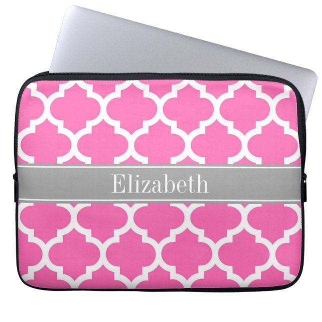 Hot Pink2 Wht Moroccan #5 Dark Grey Name Monogram Laptop Sleeve (Front)