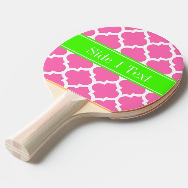 Hot Pink2 Wht Moroccan #5 Lime Green Name Monogram Ping Pong Paddle (Front Angle)