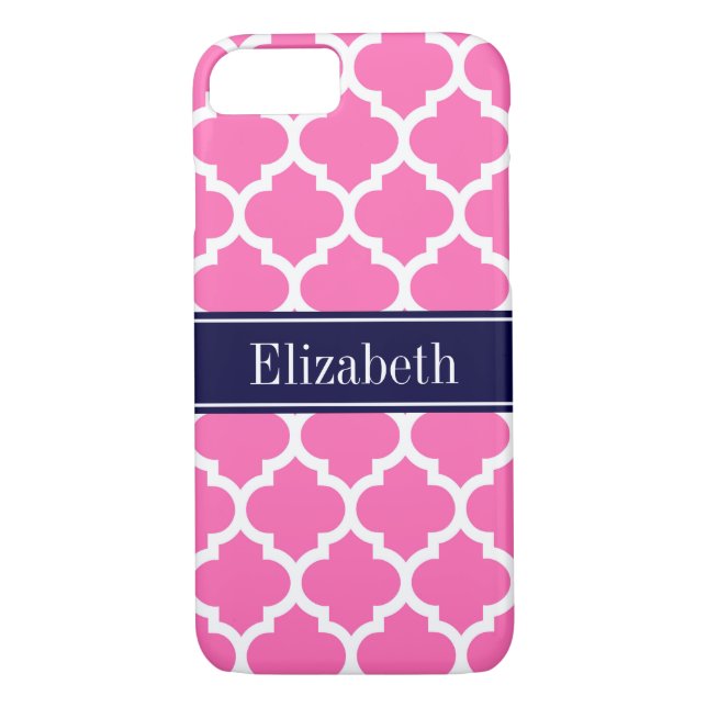 Hot Pink2 Wht Moroccan #5 Navy Blue Name Monogram Case-Mate iPhone Case (Back)