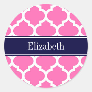 Hot Pink2 Wht Moroccan #5 Navy Blue Name Monogram Classic Round Sticker