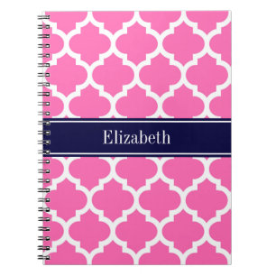 Hot Pink2 Wht Moroccan #5 Navy Blue Name Monogram Notebook