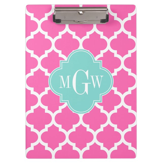 Hot Pink2 Wt Moroccan #5 Turquoise 3 Init Monogram Clipboard (Front)