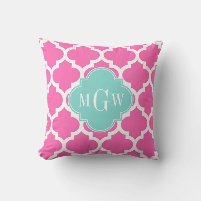 Hot Pink2 Wt Moroccan #5 Turquoise 3 Init Monogram Cushion (Front)