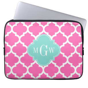 Hot Pink2 Wt Moroccan #5 Turquoise 3 Init Monogram Laptop Sleeve