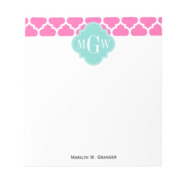 Hot Pink2 Wt Moroccan #5 Turquoise 3 Init Monogram Notepad (Front)