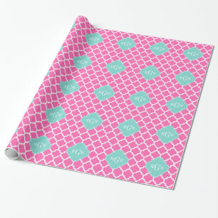 Hot Pink2 Wt Moroccan #5 Turquoise 3 Init Monogram Wrapping Paper