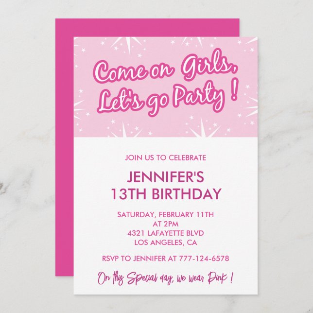Hot pink 13th birthday invitations for her girly (Front/Back)