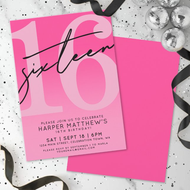 Hot Pink 16th Birthday Invitation (Hot Pink 16th Birthday Invitation)