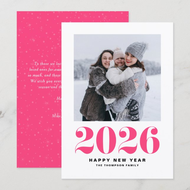 Hot Pink 2025 Bold Typography New Year Photo Holiday Card (Front/Back)