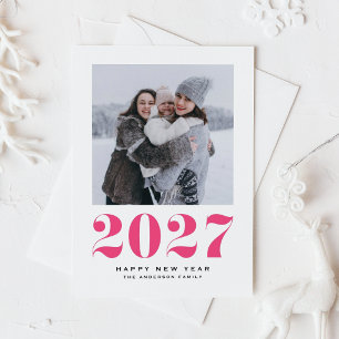 Hot Pink 2027 Retro Typography New Year Photo Holiday Card