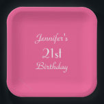 Hot Pink, 21st Birthday Party, Name, Square  Paper Plate<br><div class="desc">A solid hot pink background decorates this unique and fun minimalist simple birthday party paper plate. Although default says "21st Birthday", you can easily change the text for name, # of years, and event. Very feminine and girly! Square or round. Matching paper napkins available on zazzle at SocolikCardShop. All Rights...</div>
