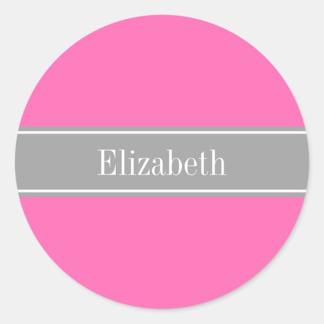 Hot Pink #2, Dark Grey Ribbon Name Monogram Classic Round Sticker (Front)