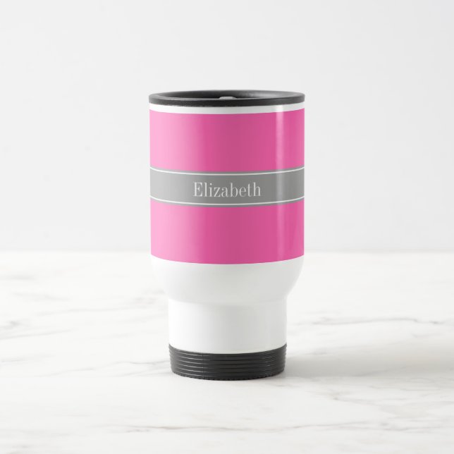 Hot Pink #2, Dark Grey Ribbon Name Monogram Travel Mug (Center)