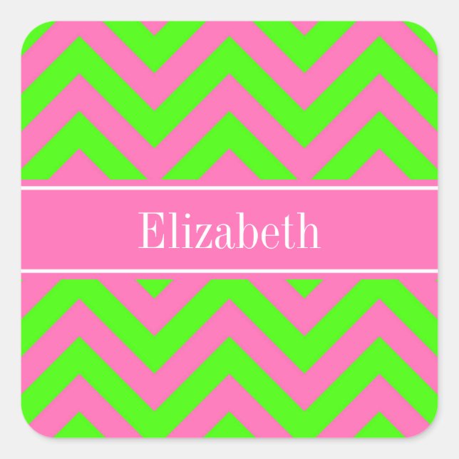 Hot Pink #2 Lime Green LG Chevron Name Monogram Square Sticker (Front)