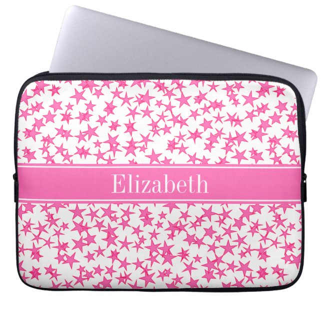 Hot Pink 2 Stars White BG, Hot Pink Name Monogram Laptop Sleeve (Front)