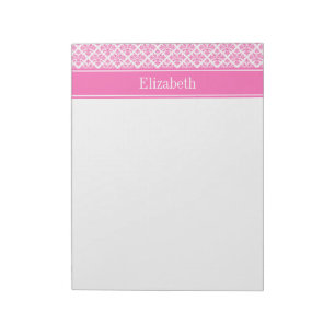 Hot Pink 2 Wht Damask #3 Hot Pink Name Monogram Notepad