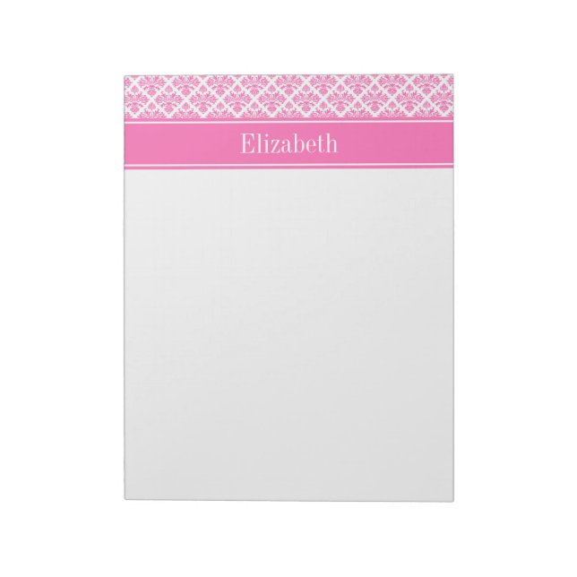 Hot Pink 2 Wht Damask #3 Hot Pink Name Monogram Notepad (Rotated)