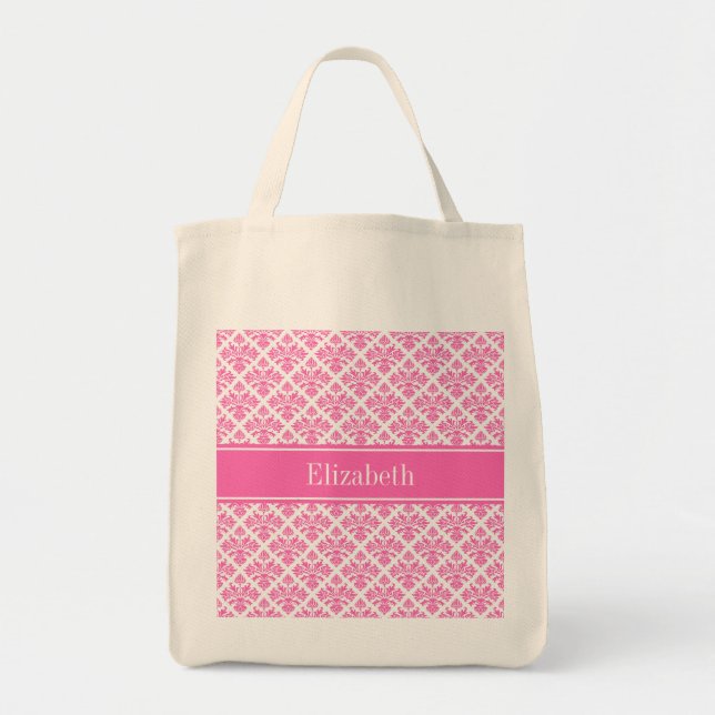 Hot Pink 2 Wht Damask #3 Hot Pink Name Monogram Tote Bag (Front)