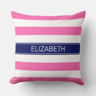 Hot Pink #2 Wht Horiz Stripe Navy Name Monogram Cushion