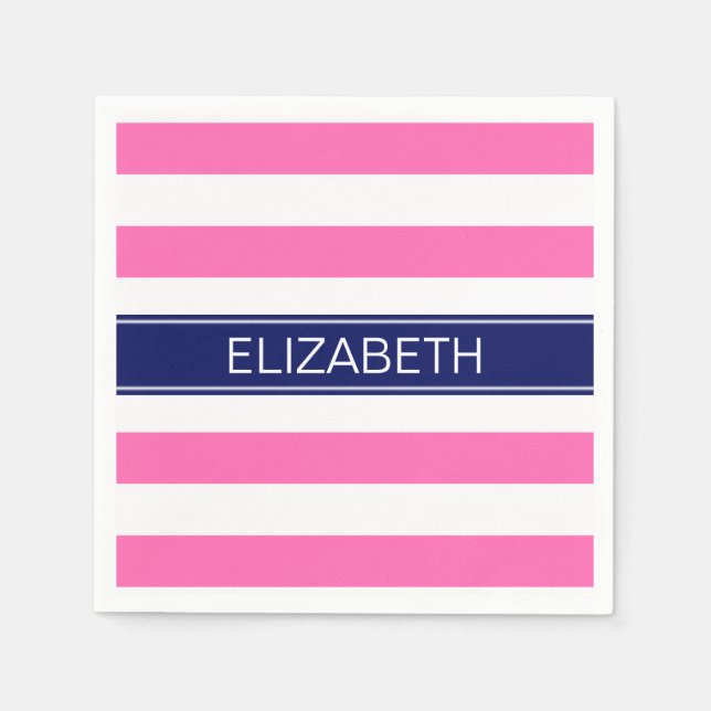 Hot Pink #2  Wht Horiz Stripe Navy Name Monogram Napkin (Front)