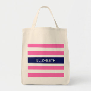 Hot Pink #2 Wht Horiz Stripe Navy Name Monogram Tote Bag