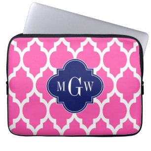 Hot Pink #2 Wht Moroccan #4 Navy Name Monogram Laptop Sleeve