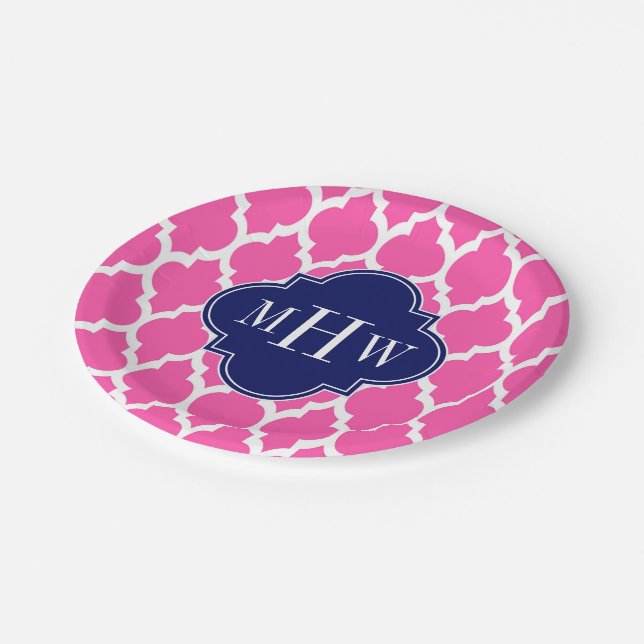 Hot Pink #2 Wht Moroccan #4 Navy Name Monogram Paper Plate (Angled)