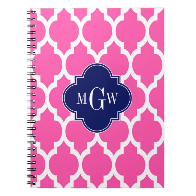 Hot Pink #2 Wht Moroccan #4 Navy Name Monogram Spiral Notebook (Front)