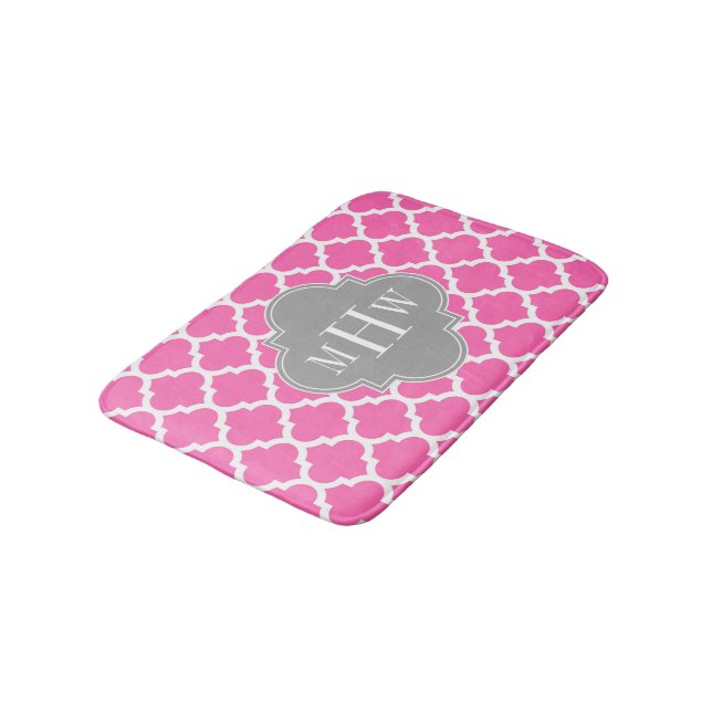 Hot Pink #2 Wht Moroccan #5 Dk Grey Name Monogram Bath Mat (Angled)