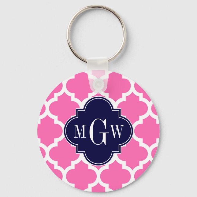 Hot Pink#2 Wht Moroccan #5 Navy 3 Initial Monogram Key Ring (Front)