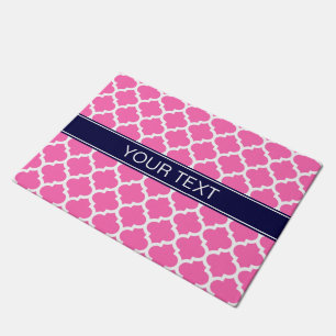 Hot Pink 2 Wht Moroccan #5 Navy Blue Name Monogram Doormat