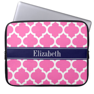 Hot Pink 2 Wht Moroccan #5 Navy Blue Name Monogram Laptop Sleeve