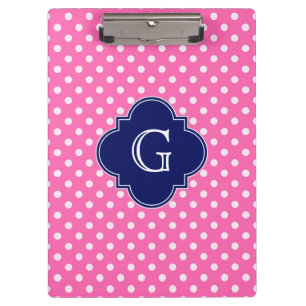 Hot Pink #2 Wht Polka Dot Navy Quatrefoil Monogram Clipboard