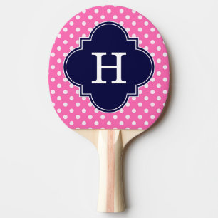 Hot Pink #2 Wht Polka Dot Navy Quatrefoil Monogram Ping Pong Paddle
