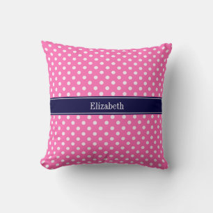 Hot Pink #2 Wht Polka Dots Navy Blue Name Monogram Cushion