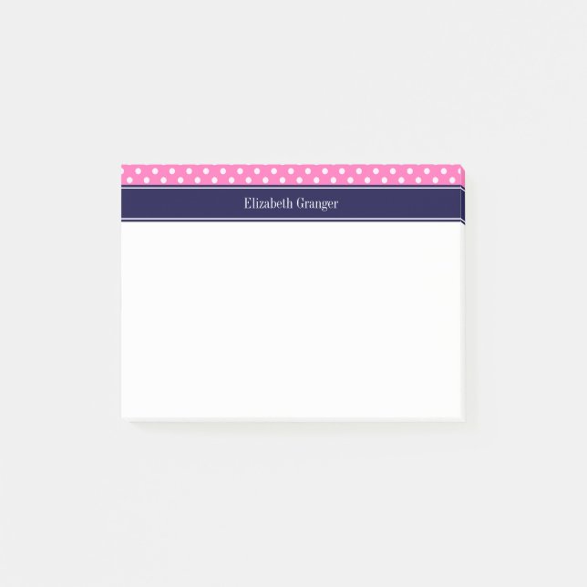 Hot Pink #2 Wht Polka Dots Navy Blue Name Monogram Post-it Notes (Front)