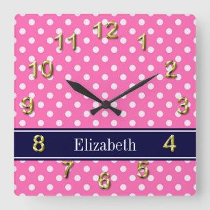 Hot Pink #2 Wht Polka Dots Navy Blue Name Monogram Square Wall Clock
