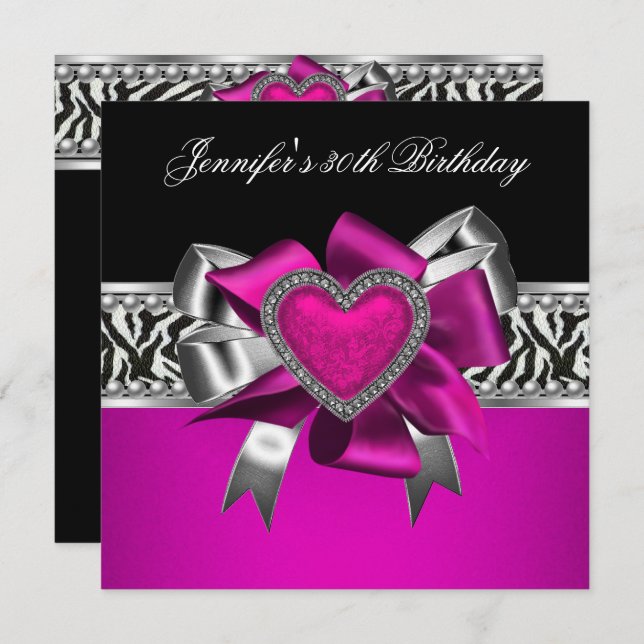 Hot Pink 30th Birthday Party Zebra Black Invitation (Front/Back)