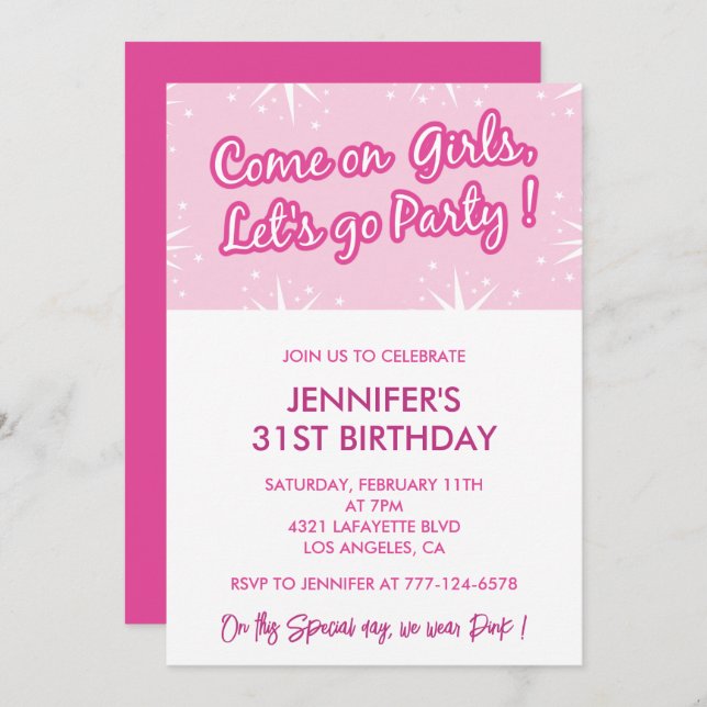 Hot pink 31st birthday invitations for her girly (Front/Back)