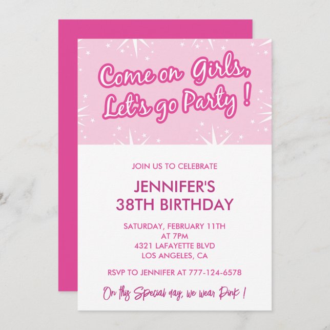 Hot pink 38th birthday invitations for her girly (Front/Back)