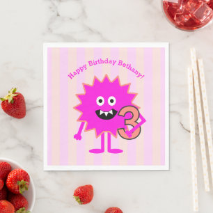 Hot Pink 3rd Birthday Girl Monster Cute Fun Bold Napkin