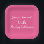 Hot Pink 60th Birthday Party Name Square Paper Plate<br><div class="desc">A solid hot pink background decorates this unique and fun party paper plate. Although default says "60th Birthday", you can easily change the text for name, # of years, and event. Very feminine and girly! Choose modern square or traditional round shape. Matching paper napkins available on zazzle at SocolikCardShop. All...</div>